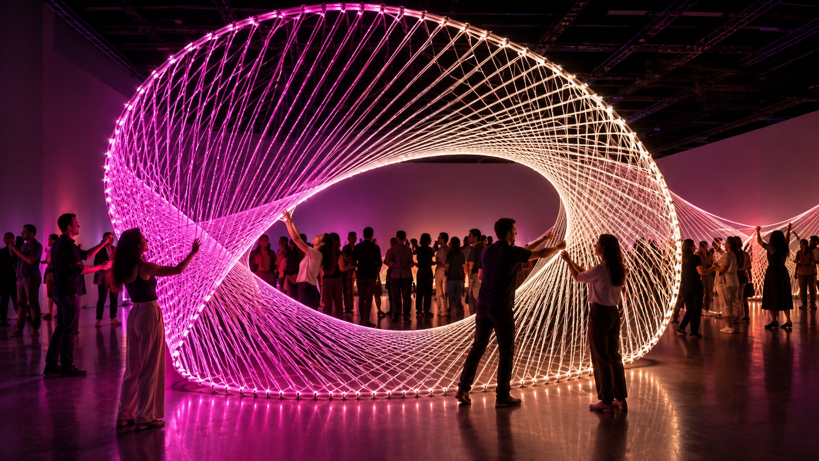 A large ring woven from glowing elastic cords, lit magenta and gold, with visitors gathered behind it in a dark gallery