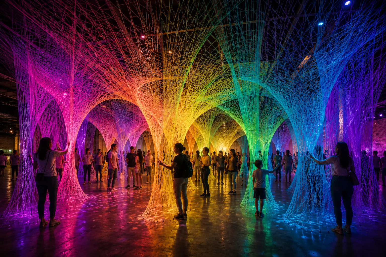Visitors move between towering rainbow columns of tensioned light strands in a darkened exhibition hall